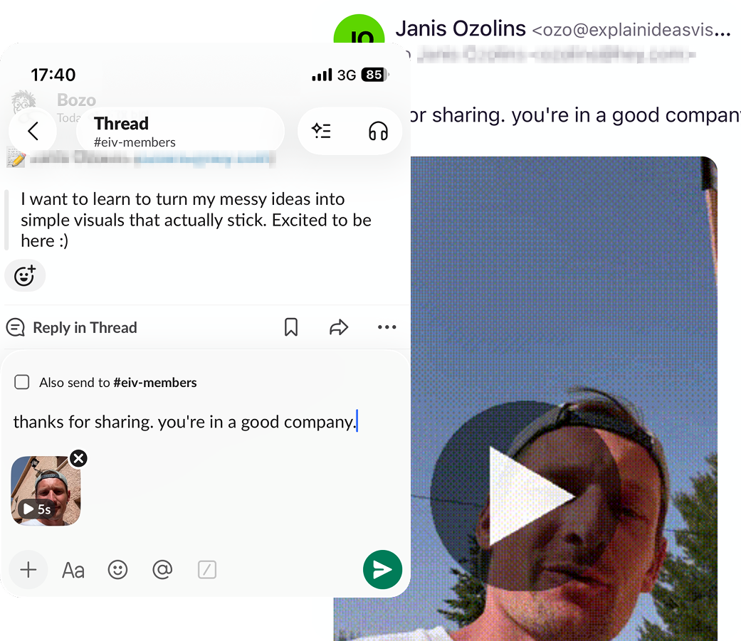 A new member's welcome message in Slack, with Janis sending back a personal video reply.